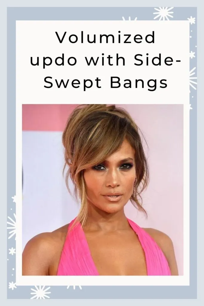 A girl in pink sleeveless deep neck top showing her Volumized updo with side-swept bangs A girl in pink sleeveless deep neck top showing her Volumized updo with side-swept bangs - short hair