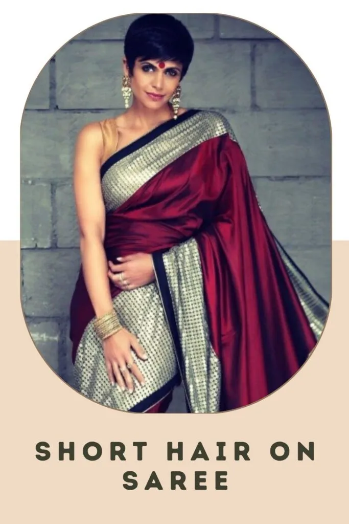 Woman in maroon sari with long earrings and Messy Pixie hairstyle Woman in maroon sari with long earrings and Messy Pixie hairstyle - short hairstyles for women