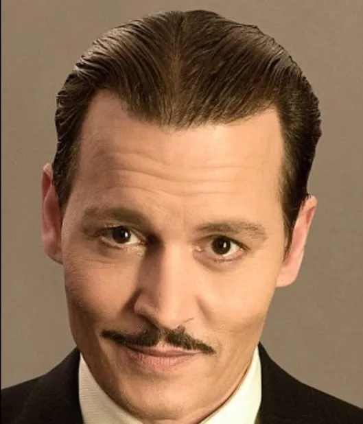 Johnny Depp in black suit with white shirt and thin moustache posing for camera Johnny Depp in black suit with white shirt and thin moustache posing for camera - Johnny Depp hairstyles