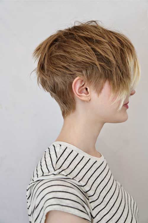 Woman in black and white lining top with Layered Pixie Hairstyle - simple hairstyles for thin hair