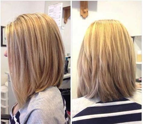 Woman in grey top showing the side view of her Long Layered Bob Hairstyle - simple hairstyles for thin hair