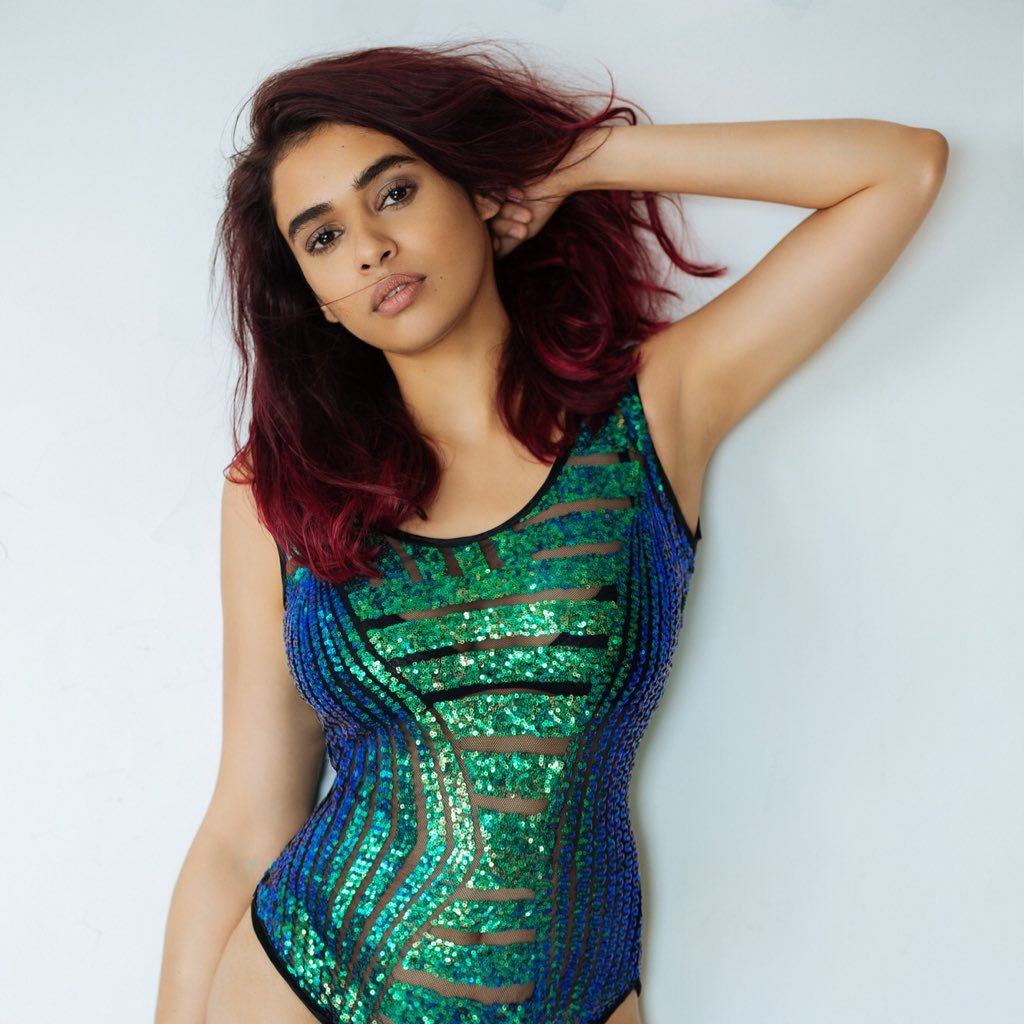 Shalami Kholgade in green and blue monokini posing for camera - most beautiful Indian girl