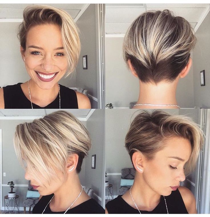 Woman showing 4 sides of her Shiny Pixie Undercut Hairstyle - simple hairstyles for women