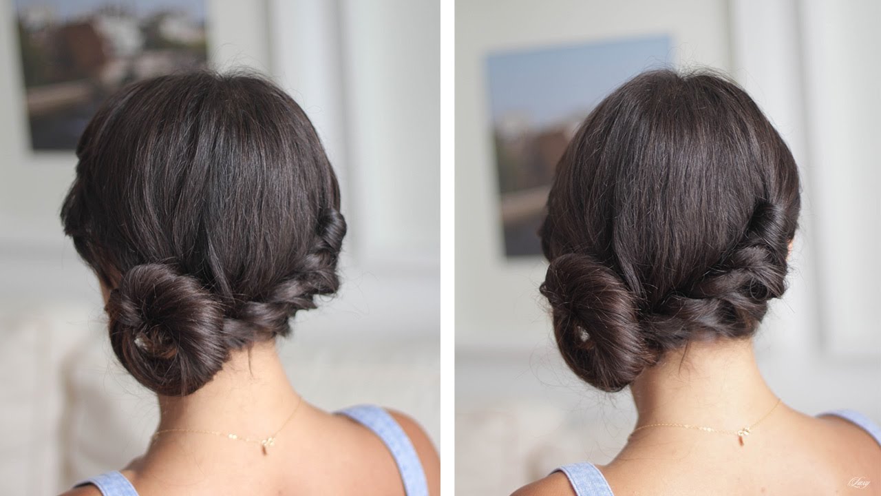 A girl in blue strappy dress showing the back view of her Twisted Side Bun - Bun hairstyles