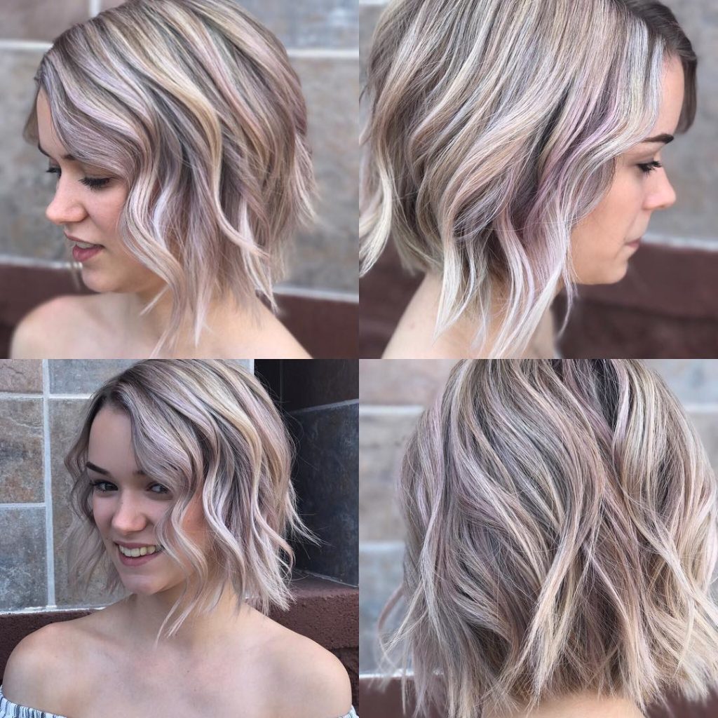 A woman in off shoulder dress showing all the sides  of her ashy textured hairstyle - hairstyles for girls with medium hair