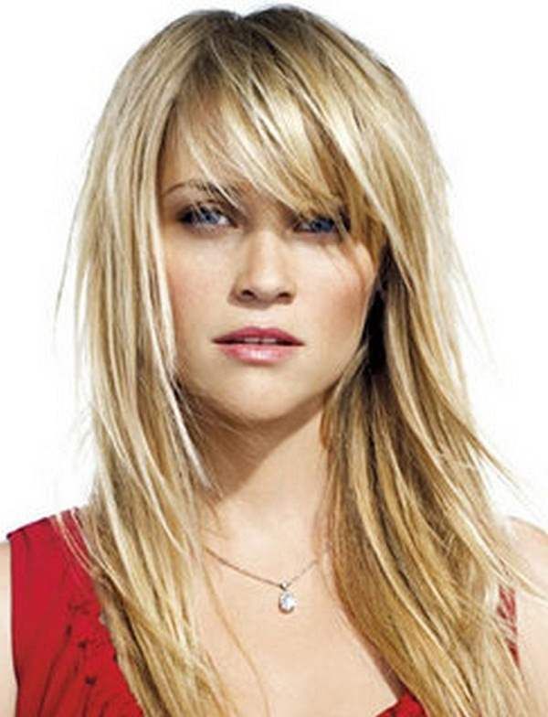 Woman in red tank top with Jagged Bangs hairstyle - best hairstyle for girl with long hair