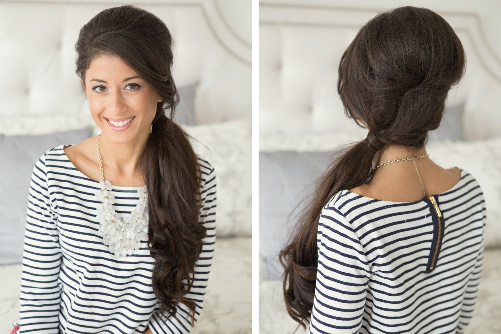 Woman in black and white lining top with beads necklace and Side Ponytail Long Hair - hairstyles cut for long hair