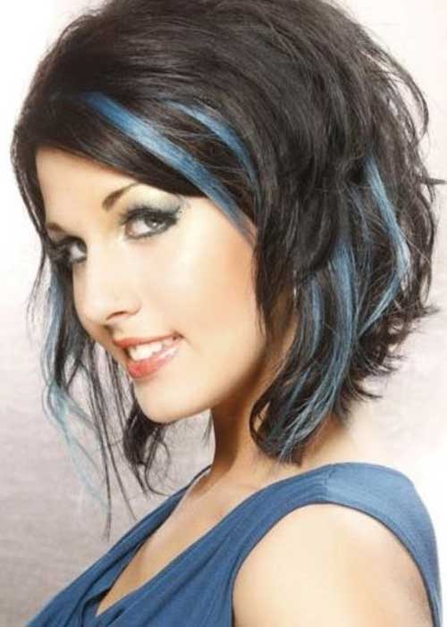 A girl in blue dress showing the side view of her Mermaid Streak on wavy lob - short haircut Teenage Girls