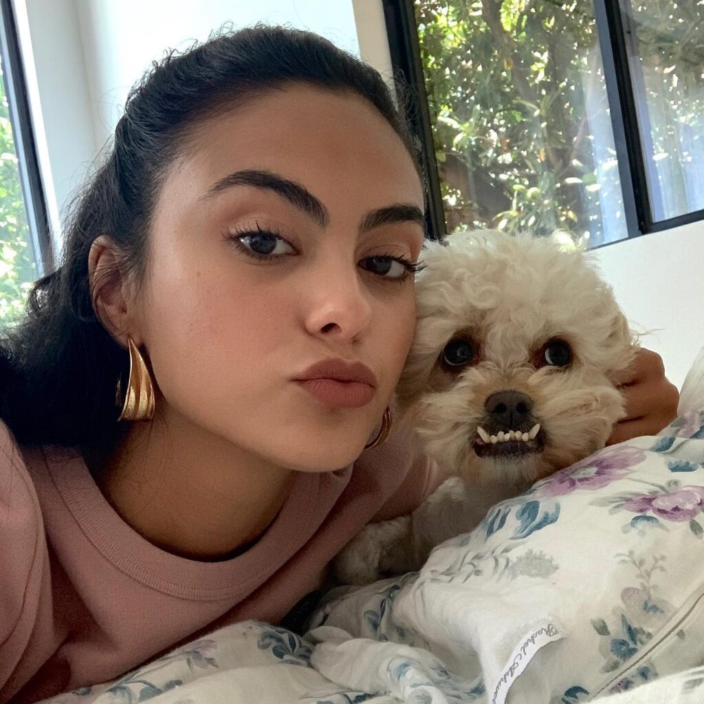 Camila Mendes in pink dress with golden earrings posing for a selfie with his dog - hollyywood actresses with curly hair