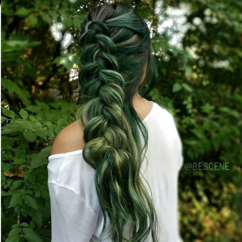 a girl in white top showing the back view of her moss green hair color a girl in white top showing the back view of her moss green hair color - trending green hair color