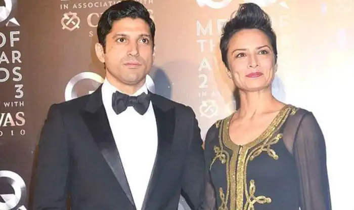 Farhan Akhtar and Adhuna Bhabani posing in matching black outfit - celebrity divorce