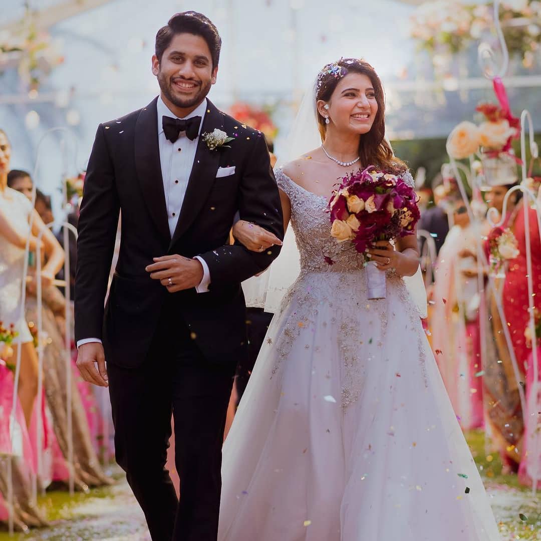 Samantha and Naga Chaitanya smiling in their wedding dress - bollywood divorce 2021