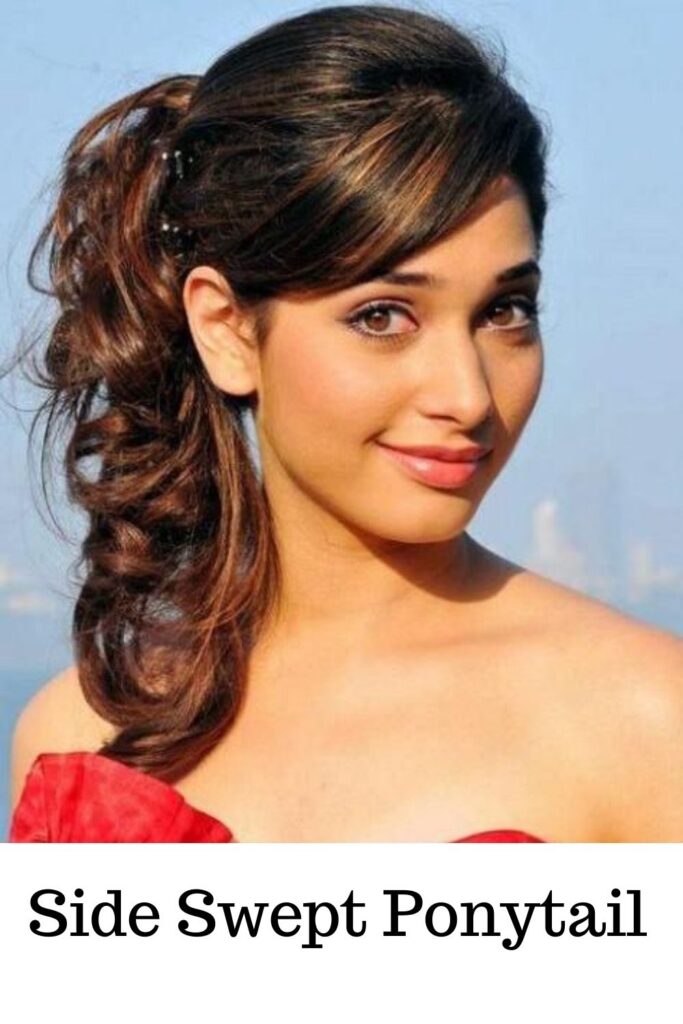 Tamannaah Bhatia in red off shoulder dress and Side-swept Ponytail - ponytail hairstyles for long hair,