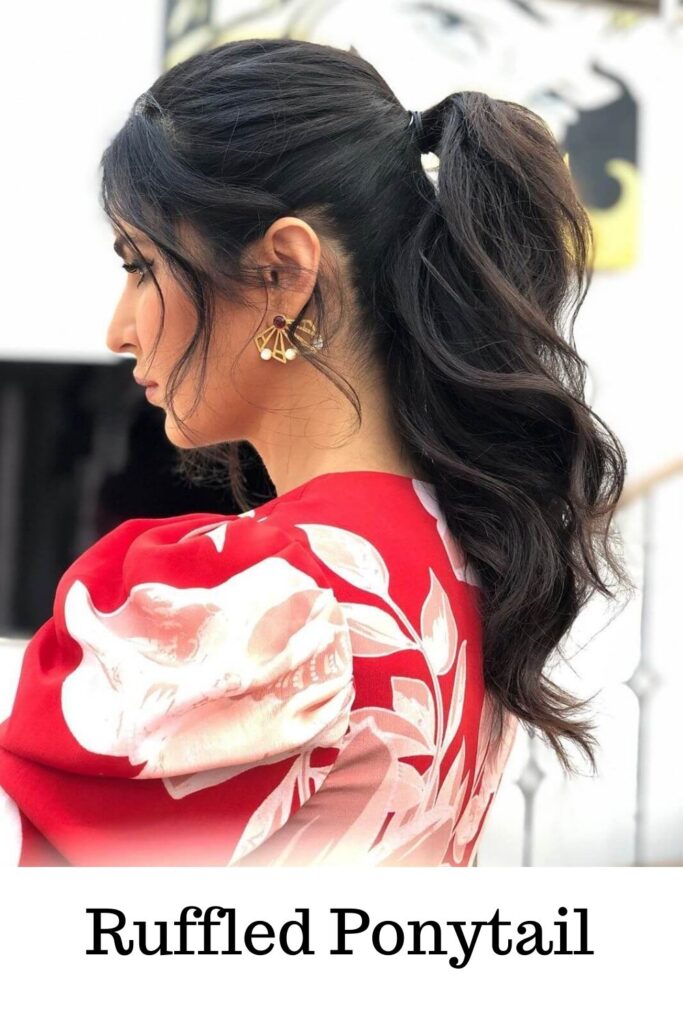Katrina Kaif in floral red dress and Ruffled Ponytail - easy ponytail extensions