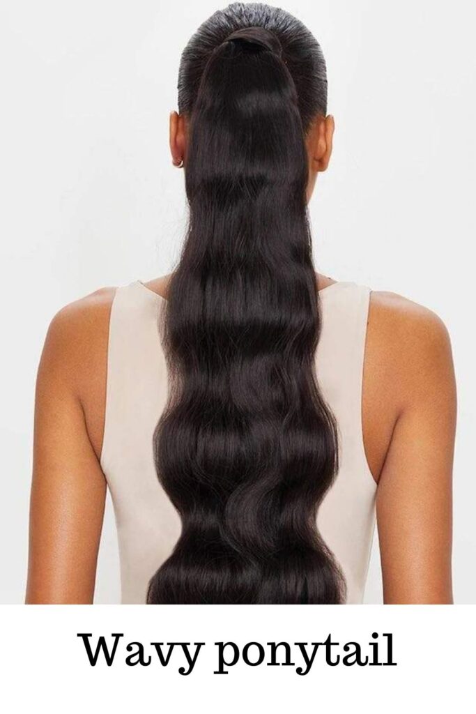 A lady in tank top showing her Wavy Ponytail - ponytail hair extensions online India