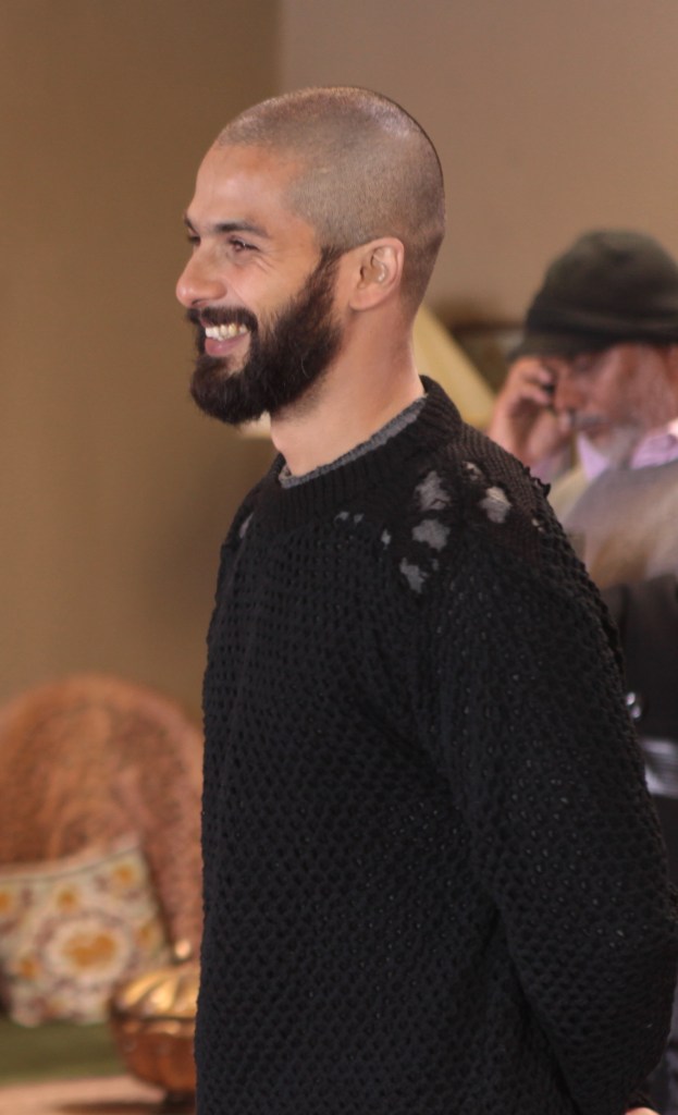 Smiling Shahid kapoor in his bald head with beard looks - shadid kapoor new hair look
