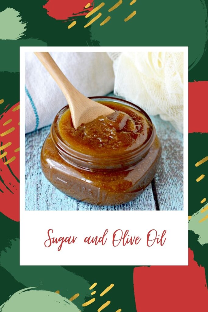 Sugar dipped in Olive Oil in a glass jar -  homemade hair mask for hair growth and thickness