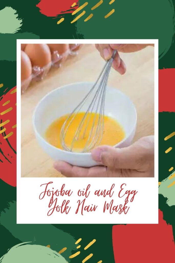 Jojoba oil and egg yolk are whisking a white bowl - hair masks for hair growth