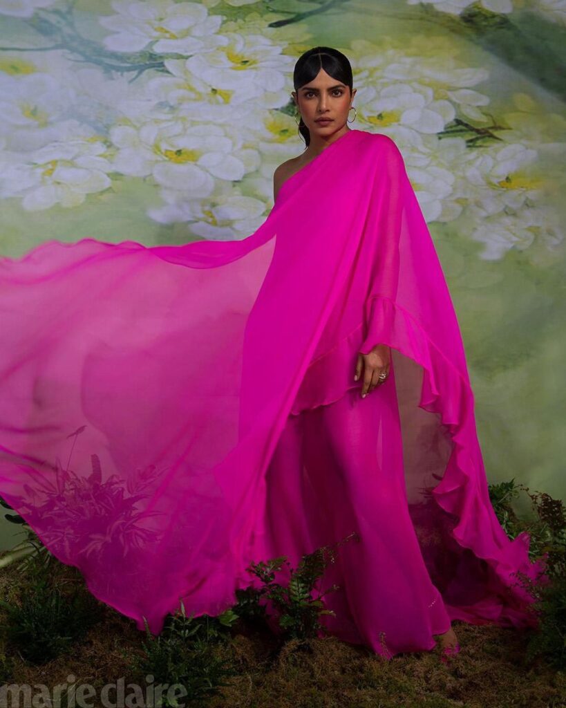 Priyanaka Chopra in all pink dress with retro touch hairstyles - priynaka chopra popular hairstyles
