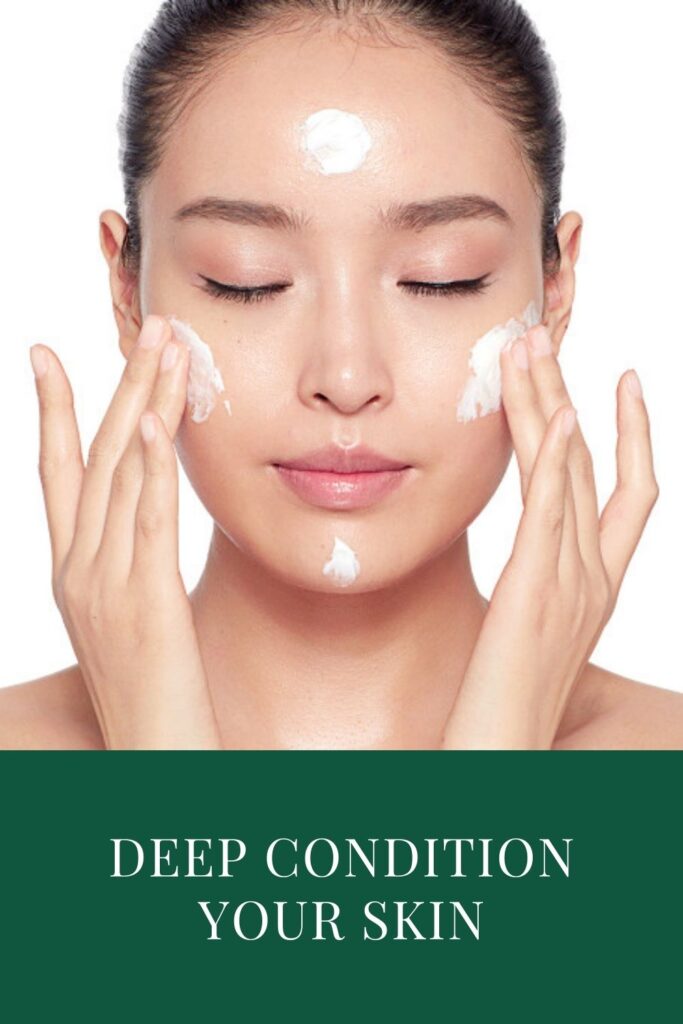 A girl is applying deep conditioning cream on her face - night skincare routine