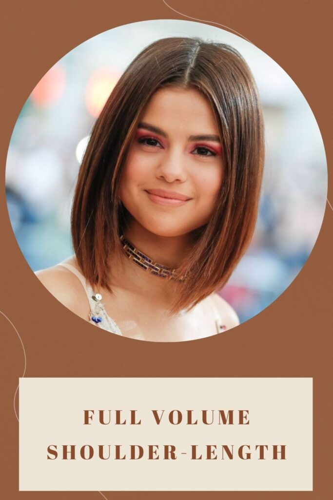 Selena Gomez showing her Full Volume Shoulder-Length hairstyle - short haircut for round face