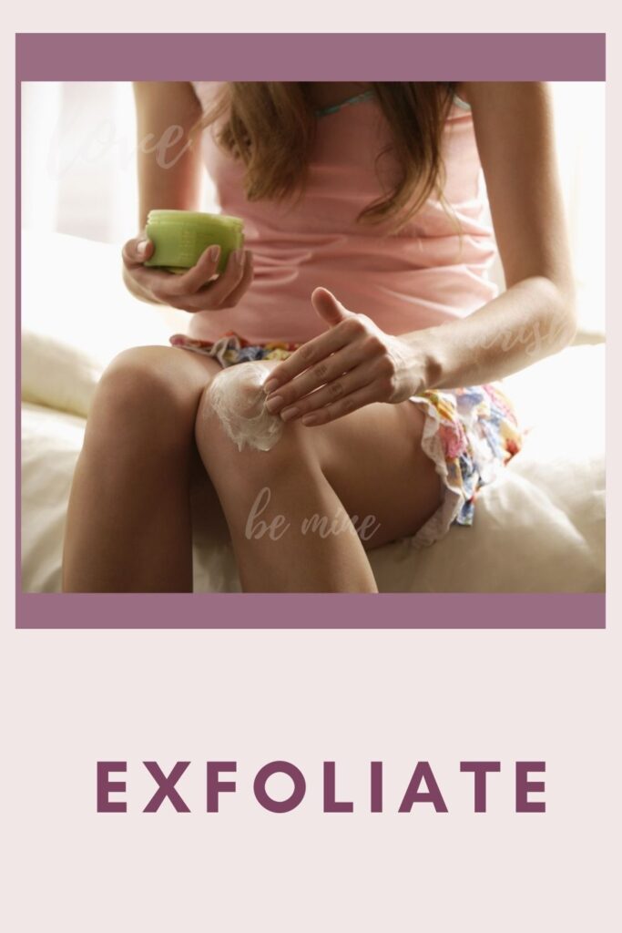 A girl is exfoliating her knees - dry knees