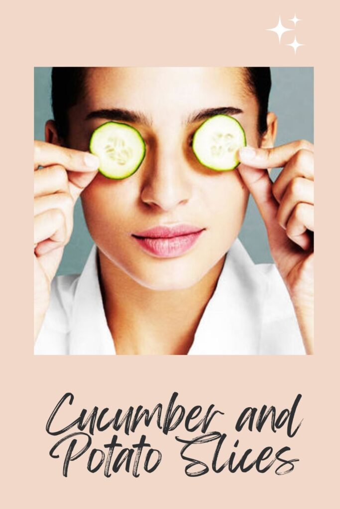 A lady is putting cucumber slices on her eyes - remove dark circles