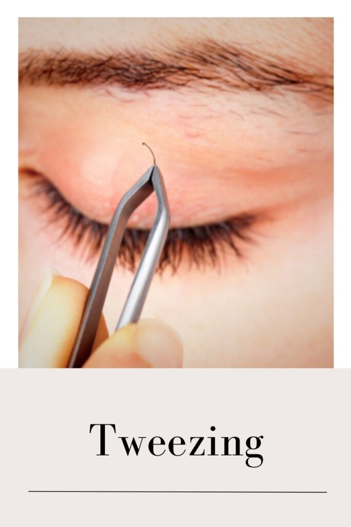 A women is setting her eyebrows with tweezing - Remove Facial Hair at home