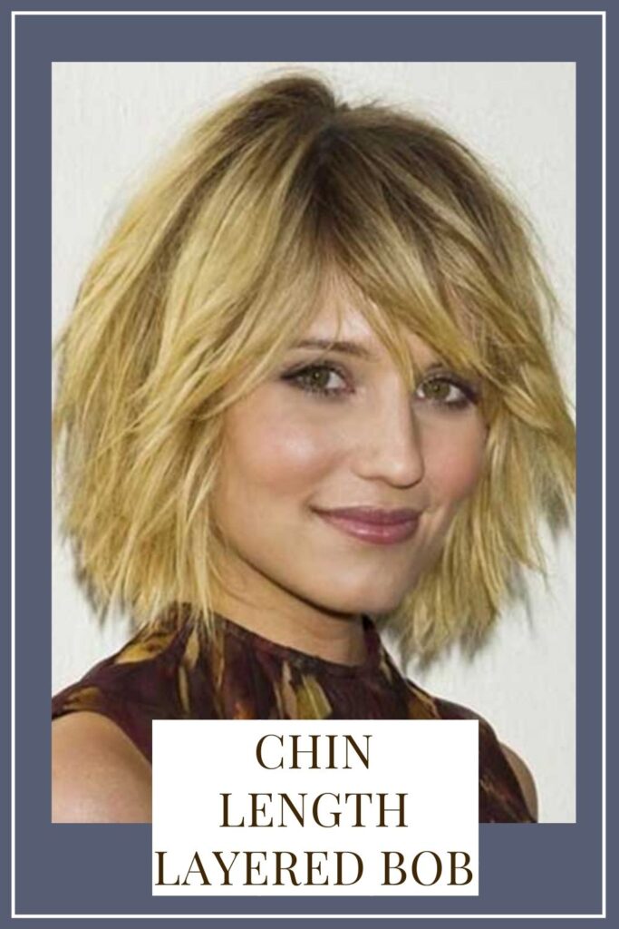 A smiling girl in blonde hair showing her Chin length layered Bob hairstyle A smiling girl in blonde hair showing her Chin length layered Bob hairstyle - hair care routine