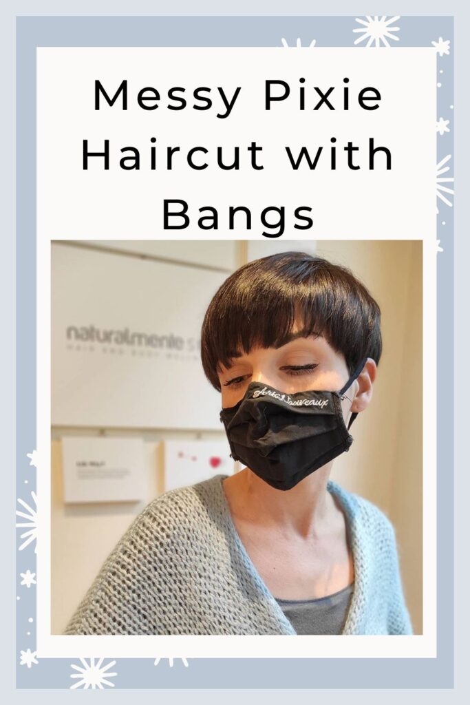 A girl wearing black mask and grey shrug showing her Messy Pixie Haircut with Bangs - hairstyles for Diamond Face 2022