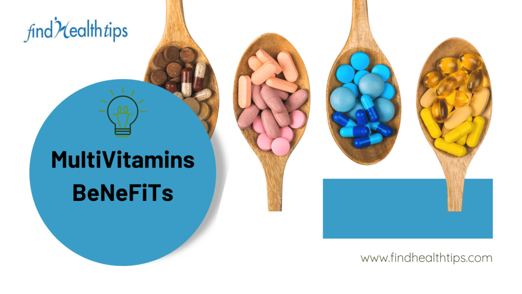 Multivitamin Benefits - This picture is representing 4 spoons having different color tablets