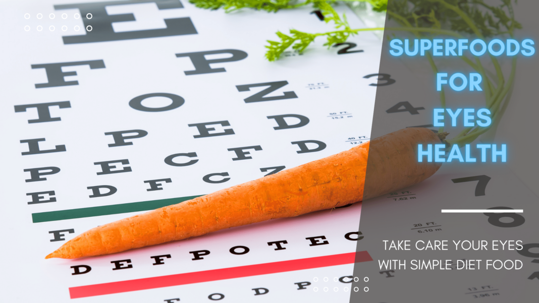 superfoods for eye health - carrot lying down on alphabets reading chart