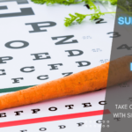 superfoods for eye health - carrot lying down on alphabets reading chart