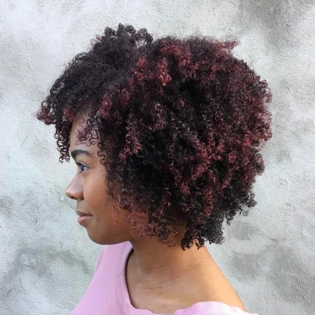 A girl in pink top showing the side view of her Cherry - Tinted Afro hairstyle - American women hairstyles