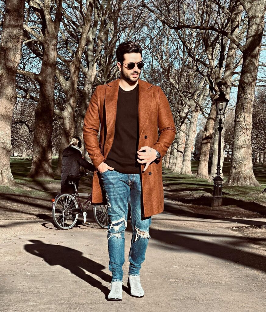 Ali Goni in brown long coat with black t-shirt and blue jeans posing for camera - most handsome tv serial actor in india