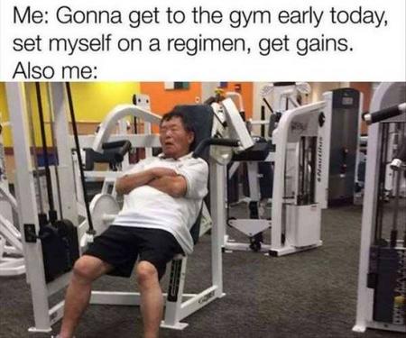 A man in white t-shirt with black shorts sleeping on a exercise machine - trending fitness memes
