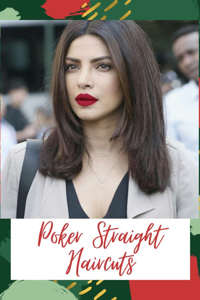 Priyanka Chopra in black inner with grey over coat and red lipstick showing her poker hair - haircut for Indian Women
