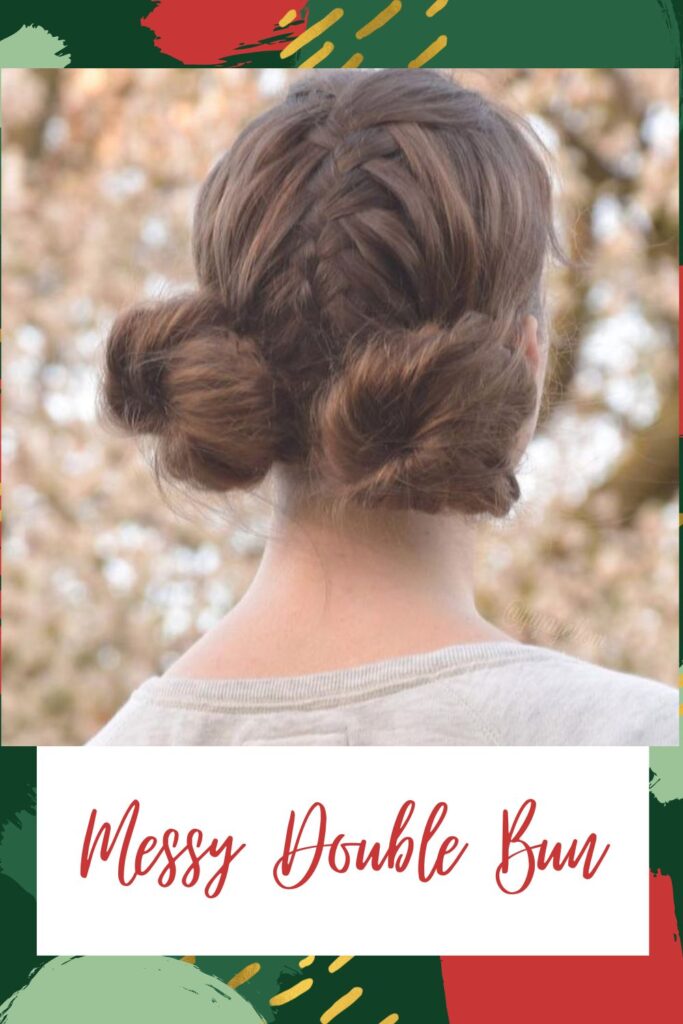 A girl in grey t-shirt showing the back view of her Messy Double Bun - Hairstyles for Indian Women