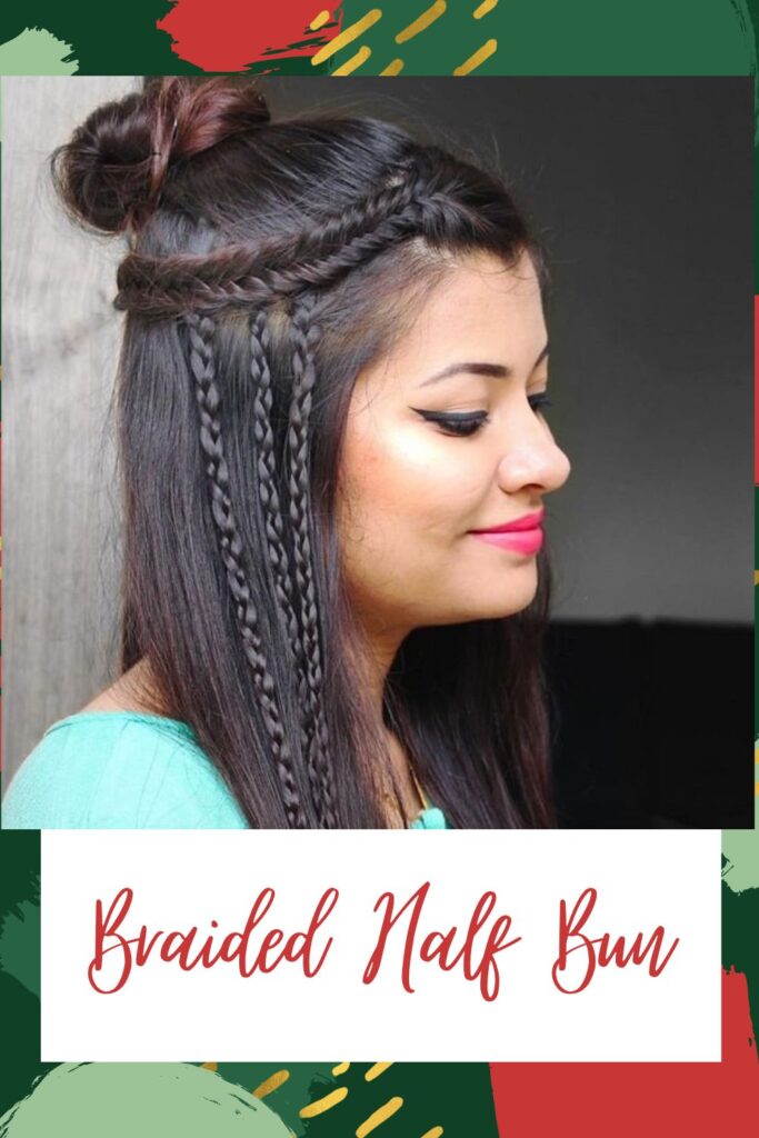 A girl in sky blue top and pink lipstick showing the side view of her braided half bun A girl in sky blue top and pink lipstick showing the side view of her braided half bun - Hairstyles for Indian Women