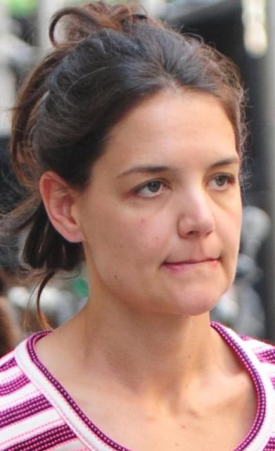 without makeup Katie Holmes in purple and white round neck dress with messy bun - black celebrities without makeup