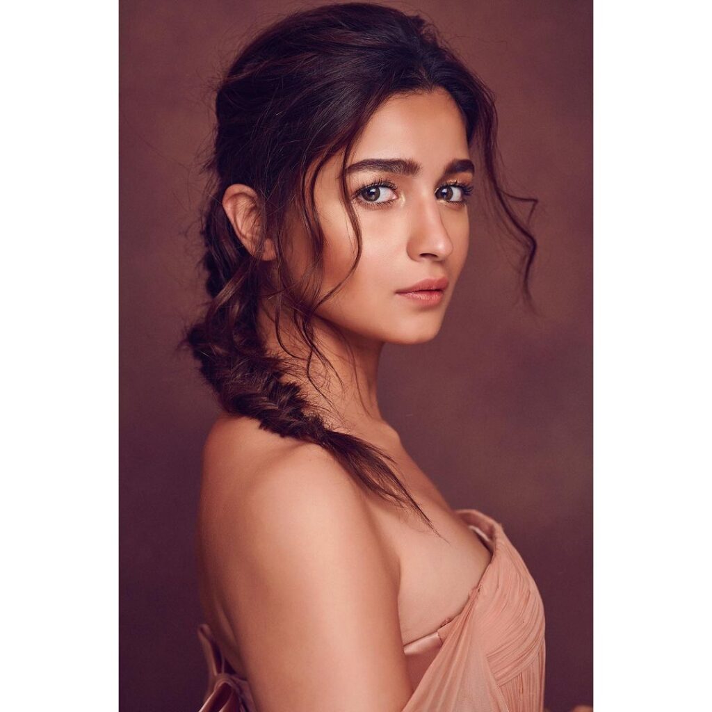 Alia Bhatt in peach maxi dress and fishtail braid - bollywood actresses haircut 2022 