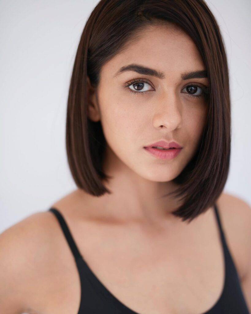 Mrunal Thakur in black strappy dress with bob haircut - bollywood actresses hairstyles 2022