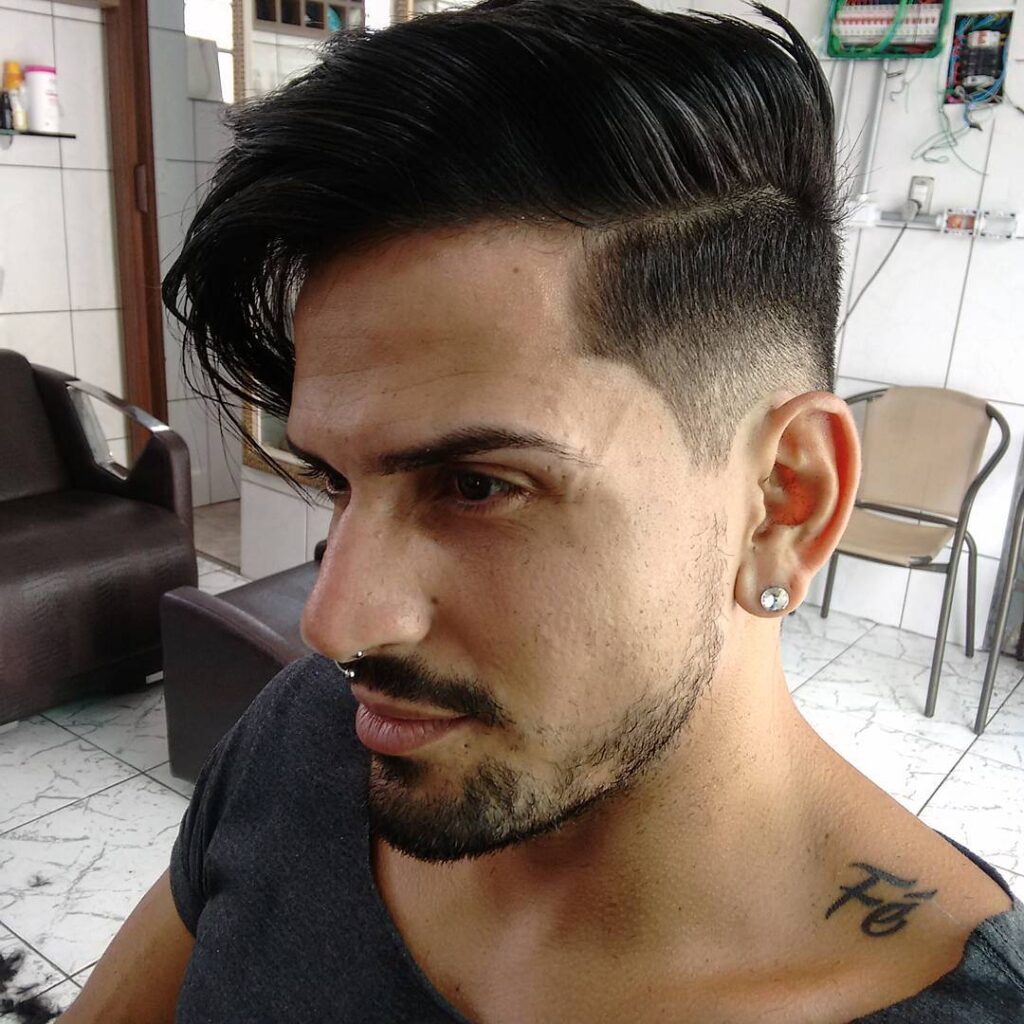 Man in grey t-shirt with Side Part Hairstyle With Long Fringe hairstyle - haircuts for men