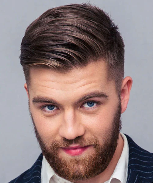 Man in blue lining coat with white shirt with Comb Over hairstyle - haircuts for men fade