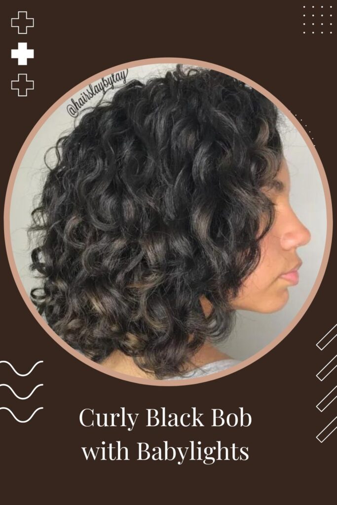 Woman in grey top showing the side view of her Curly Black Bob with Babylights hairstyle - short curly hairstyles 2022