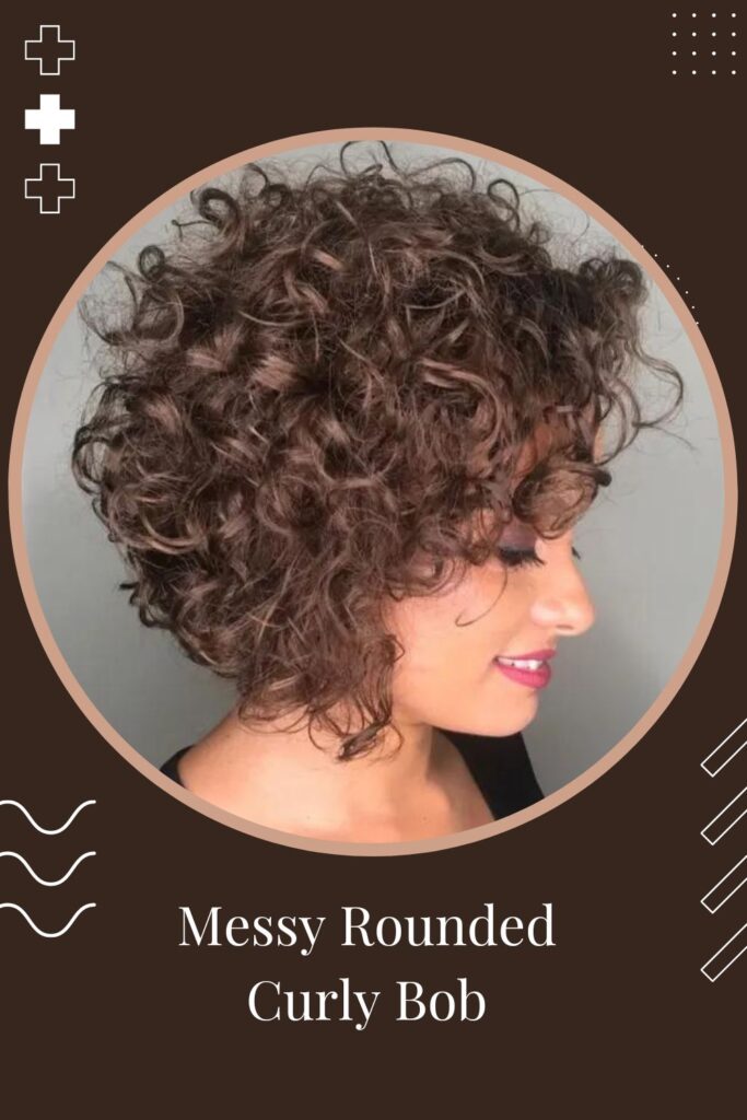 Smiling woman in black top and Messy Rounded Curly Bob hairstyle - short curly hairstyles for a wedding