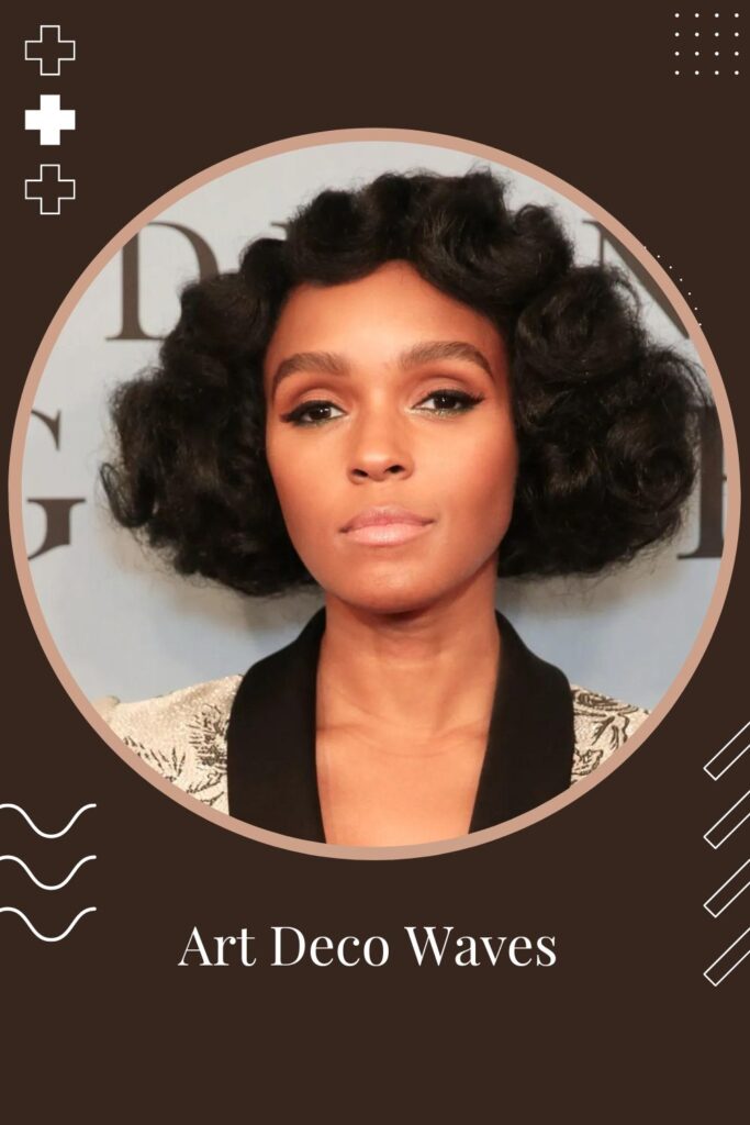 Woman in multicolor dress and Art Deco Waves hairstyle - short curly hairstyles for black women