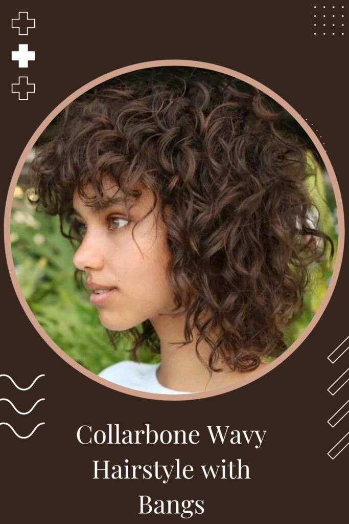 Woman in white t-shirt and Collarbone Wavy Hairstyle with Bangs hairstyle - short curly hairstyles for a wedding