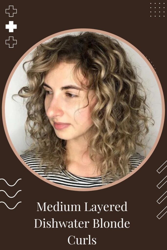 Woman in black and white lining top with Medium Layered Dishwater Blonde Curls hairstyle - curly hairstyles for women