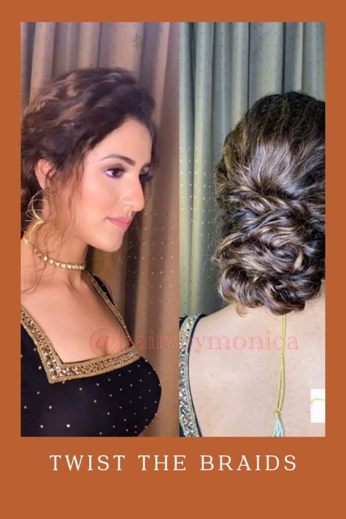 Woman in blue blouse with twist the braid hairstyle - curly hair with lehenga